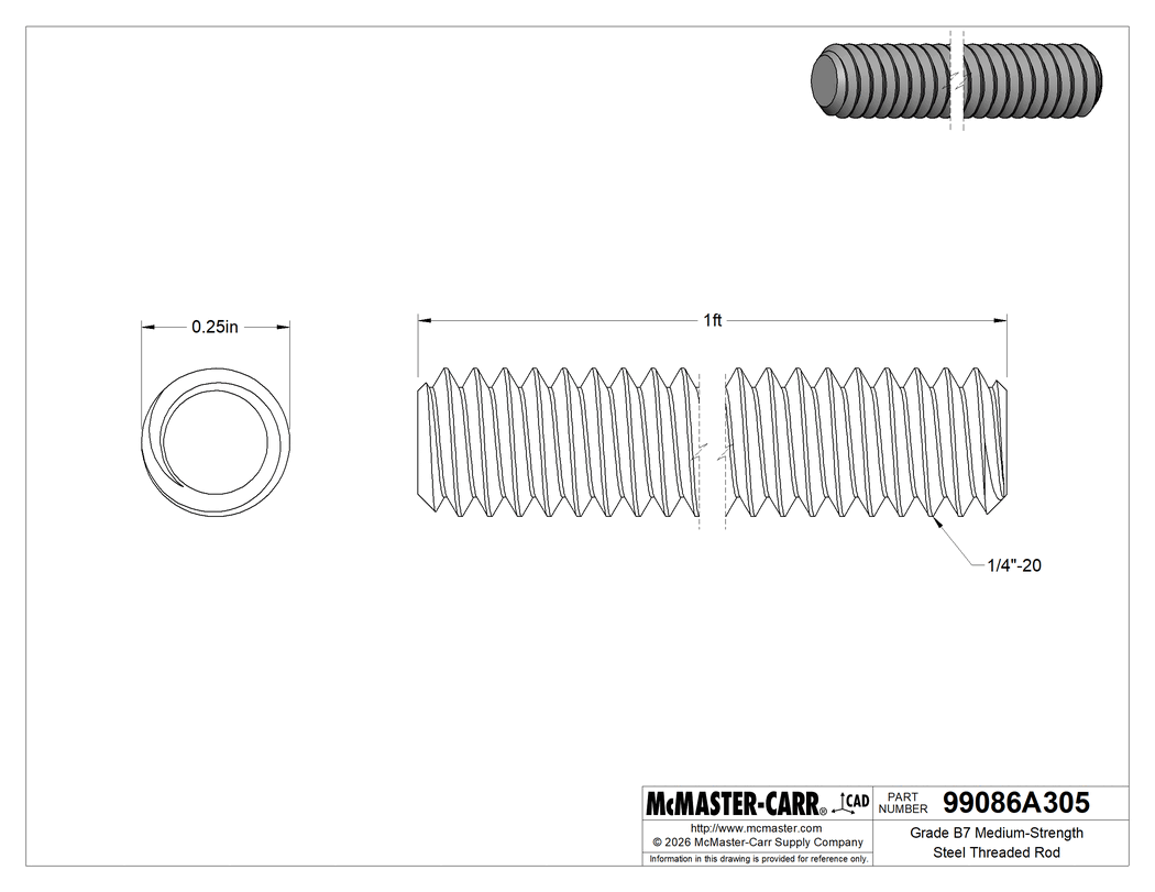 Technical Drawing of Grade B7 Medium-Strength Steel Threaded Rod, Zinc Yellow-Chromate Plated, 1/4"-20 Thread Size, 1 Foot Long.
